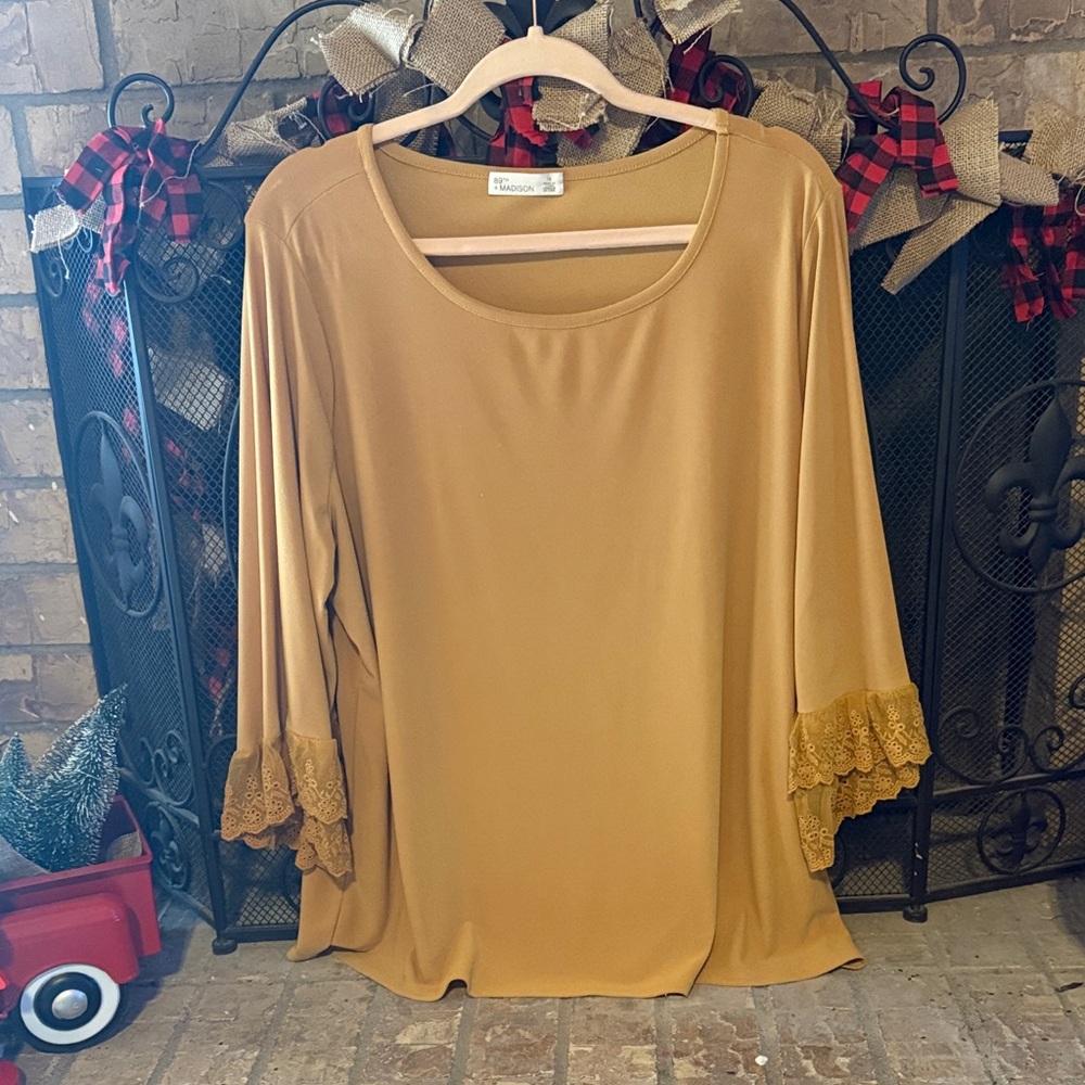 89th & Madison Gold Blouse with Lace Trim